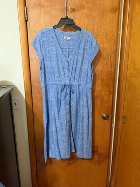 Briggs New York Chambray Blue Button-Front Drawstring Midi Dress linen blend xl
